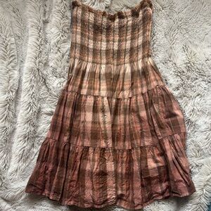 Speed Control Plaid Brown Cotton Strapless Dress